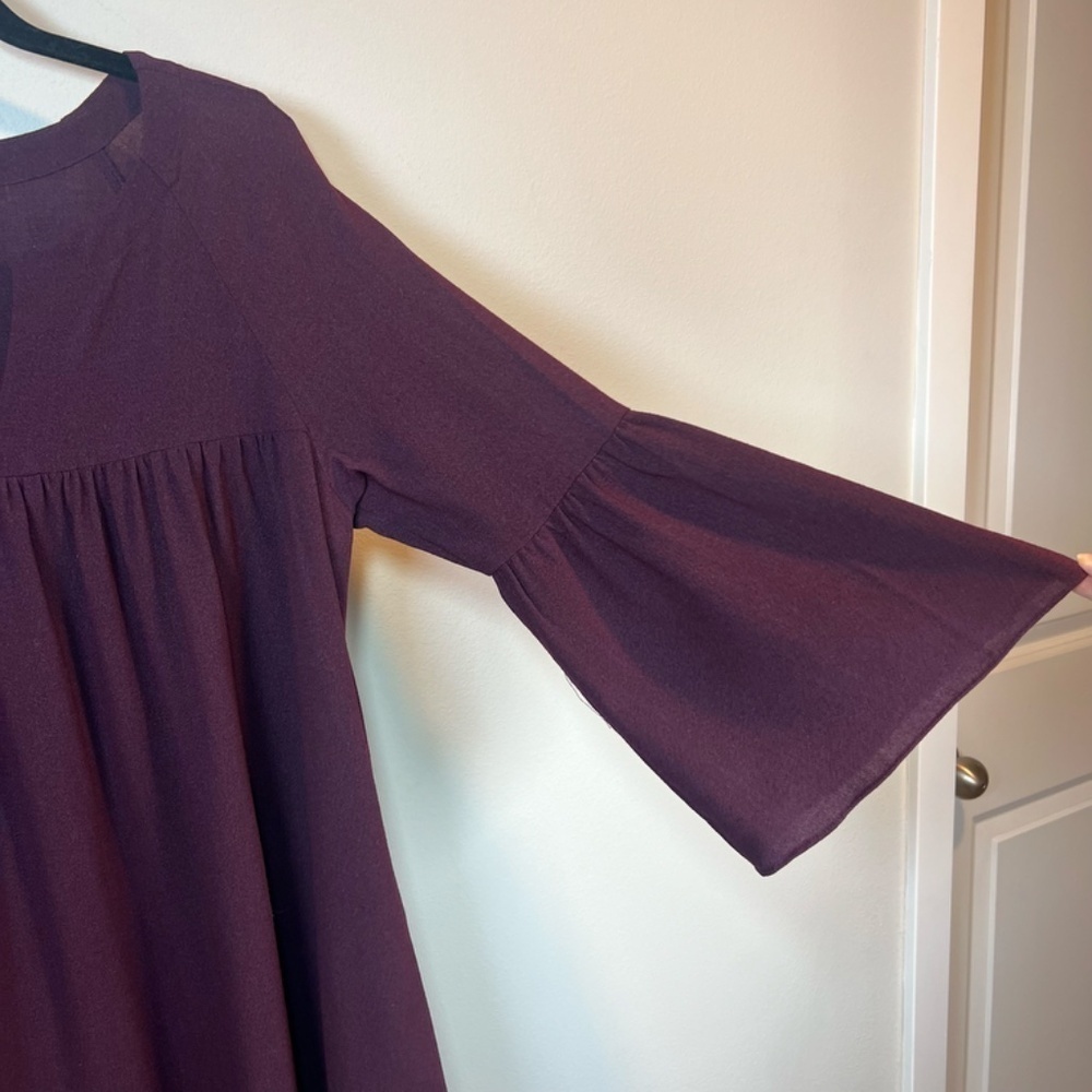Theory Wool Blend Baby Doll Dress Burgundy V-Neck Bell Sleeves Pleats Sz Medium - Picture 4 of 11